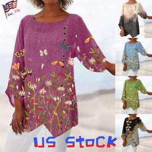 Plus Size Womens Floral Tunic Tops Crew Neck Casual 3/4 Sleeve Blouse T-Shirt