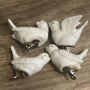 Vintage Bird Ornaments Clip On White Bisque Ceramic Birds Set Of 4