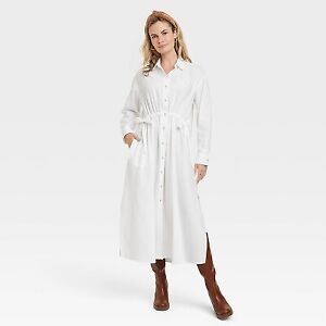 Women's Long Sleeve Cinch Waist Maxi Shirtdress - Universal Thread White L