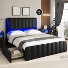 Queen Bed Frame with Headboard and 4 Storage Drawers W/ Led Light & 2 USB Ports