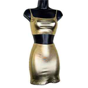 New Small Metallic Gold 2 Piece Crop Top Mini Skirt Set Vegan Cami Outfit Rave