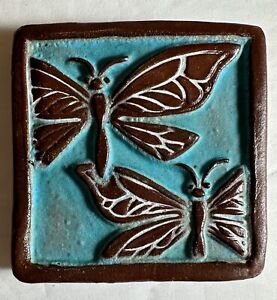 Small Artisan Signed Arts & Crafts Nouveau Style Butterfly Pottery Tile 2.5