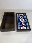 Vintage black lacquer Wooden trinket   box floral  9”x5”X2” Tall W Ceramic Tile