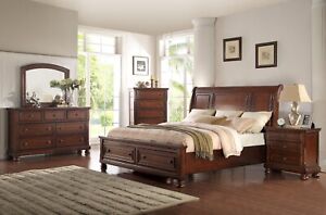 Classic Traditional 4pc Bedroom Set Queen Platform Bed Brown Finish Furniture