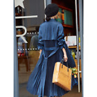 Women Long Pleated Trench Coat Belted Double Breasted Lapel Collar Windbreaker