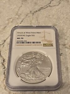 2020 (W) $1 AMERICAN SILVER EAGLE NGC MS70 STRUCK AT WEST POINT MINT