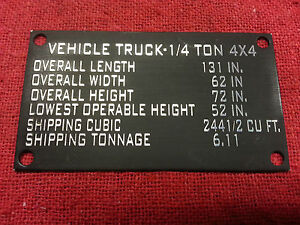 For Jeep Willys MB Military Data Plate Vehicle Truck 4 x 4 Truck Deminsions G503