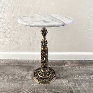 BEAUTIFUL Vintage Hollywood Regency Marble Brass Plant Stand Pedestal Table 17”