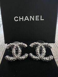 Chanel B14A CC Logo Silver Tone Stud Earrings New w/ Box & Pouch Authentic