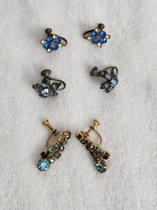 Vintage Blue Rhinestone Screwback Earrings Lot Of 3 Gold Silver Articulated