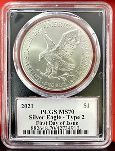 PCGS MS-70 FIRST DAY! 2021 SILVER EAGLE, TYPE 2 FDOI, EMILY DAMSTRA HAND SIGNED