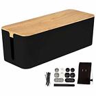 Large Cable Management Box - Black Cord Organizer with Wood Print Top