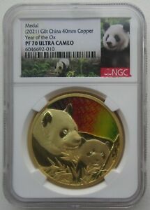 NGC PF70 China 2021 Year of Ox Panda Gilt Copper Medal 40mm