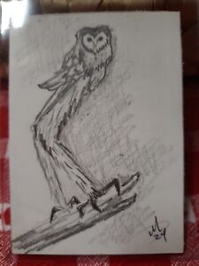 ACEO Graphite Sketch of a Long-Legged Barn Owl Fiction Artwork Miniature