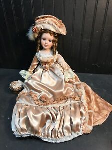 24in  Victorian Doll In Long Curls Vintage Porcelain With  Gown, Hat