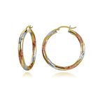 14K Gold Tri Color Polished & Diamond-Cut 3x32mm Lightweight Round Hoop Earrings