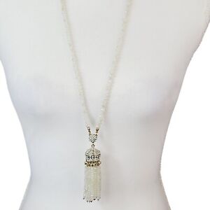 Long Translucent White W/ Champagne AB Faceted Crystal Beaded Tassel Necklace