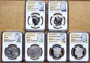 6 coin set 2023 morgan and peace silver dollars ngc ms pf rp 70
