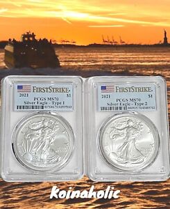 New Listing2021 American Silver Eagle Type 1 & Type 2 PCGS MS70, Brilliant UNCIRCULATED