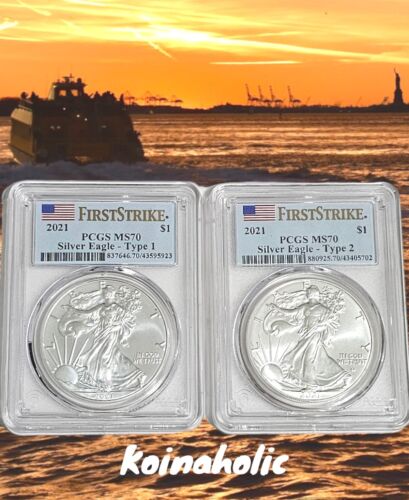 2021 American Silver Eagle Type 1 & Type 2 PCGS MS70, Brilliant UNCIRCULATED