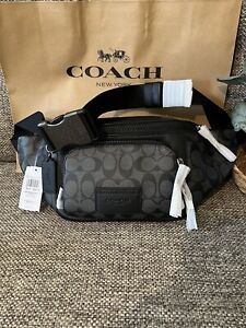 Coach Men's Charcoal/Black Signature Canvas & Leather Track Belt Bag (C3765) NWT