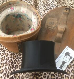 FRENCH 1910s COLLAPSIBLE OPERA GIBUS TOP HAT~ BLACK SILK ~IN UNIQUE TRAVEL BOX~S