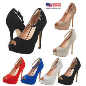 Women 5 Inches High Heel Pump Shoes Ankle Strap Peep Toe Platform Pump Shoes