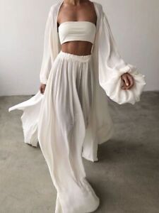 Sexy Solid Color Three-Piece Set Women Tube Top Beach Dress Crop Top Trousers