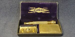 '20s Gillette Arrow Gold Brass Safety Razor Ball End Case Purple Box Antique Lot