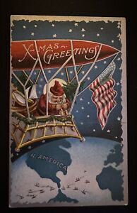 Patriotic Santa Claus~in Airship~Earth~USA Flag ~Antique~Christmas Postcard~h626