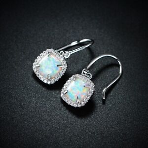 18K White Gold Plated Square Opal Earrings With CZ Accents By Peermont Jewelry