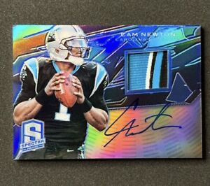 2013 Cam Newton Panini Spectra Blue/15 Game Used GU Logo Patch Auto Panthers