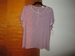NWT St. John's Bay Women's Plus Size 1X  Short Sleeve Top Pink & Navy Stripe