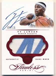 TY LAWSON 2013/14 PANINI FLAWLESS RUBY AUTOGRAPH 2 COLOR PATCH AUTO SP #04/15