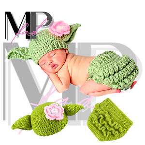 ​Star Wars Yoda Newborn 0-3 Mo Pink Flower Baby Knit Photography Hat Pant Outfit