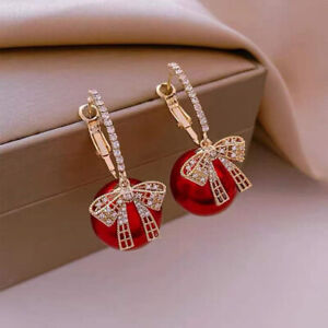 Fashion Bowknot Pearl Zircon Earrings Hoop Drop Dangle Women Wedding Jewelry New