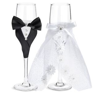 Bride and Groom Champagne Flutes, Wedding Dress Tuxedo Toasting Glasses Gift Set