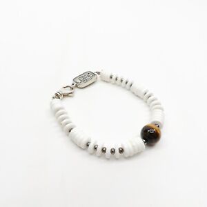 King Baby Studio White Shell Beads Bracelet Tiger Eye Bead Silver Accents 7.5