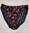 Vintage Black Satin Red Rose Floral Print High Cut Panties Lace Back Sissy L 7