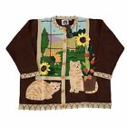 Vintage NWT Storybook Knits Tabby Cats Sunflowers Cardigan Sweater Plus Sz 2X