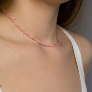 Rose Quartz Tiny 2mm Beaded Choker Healing Dainty Women Crystal Necklace Gifts