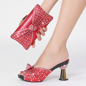 Italian Design Luxury Rhinestone Matching Sandals 1 Set Women Shoes And Bag Red