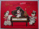 Snowman family at piano Three of Us emboss vintage Christmas greeting card *LL5