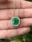 4Ct Asscher Cut Green Emerald Halo Women's Pendant Necklace 14k Yellow Gold Over