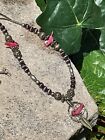 Vintage Silver Tone Pink Mother Of Pearl Bird Fetish Bead Necklace Jewelry