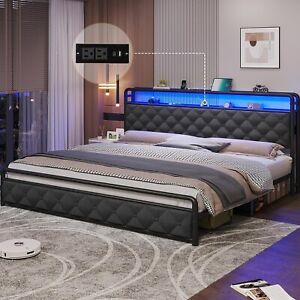 King Bed Frame with LED Lights, Metal Platform Bed with 2 Tier Headboard Storage