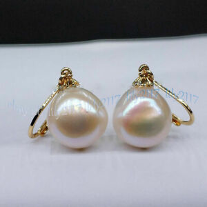 Genuine Natural 12-13mm South Sea White Baroque Pearl Dangle Earrings 14k Gold