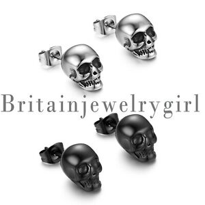 Punk Goth Stainless Steel Skull Skeleton Ear Stud Earrings Men Women Pierced 2pc