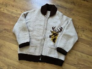 Vintage Cowichan Deer Head 60s 70s Sweater Full Zip Cardigan Size XL