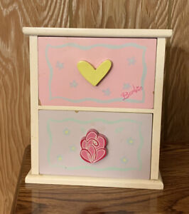 Barbie Jewelry Box 8” Wood 2 Drawer Dresser Mattel White with Hearts RARE